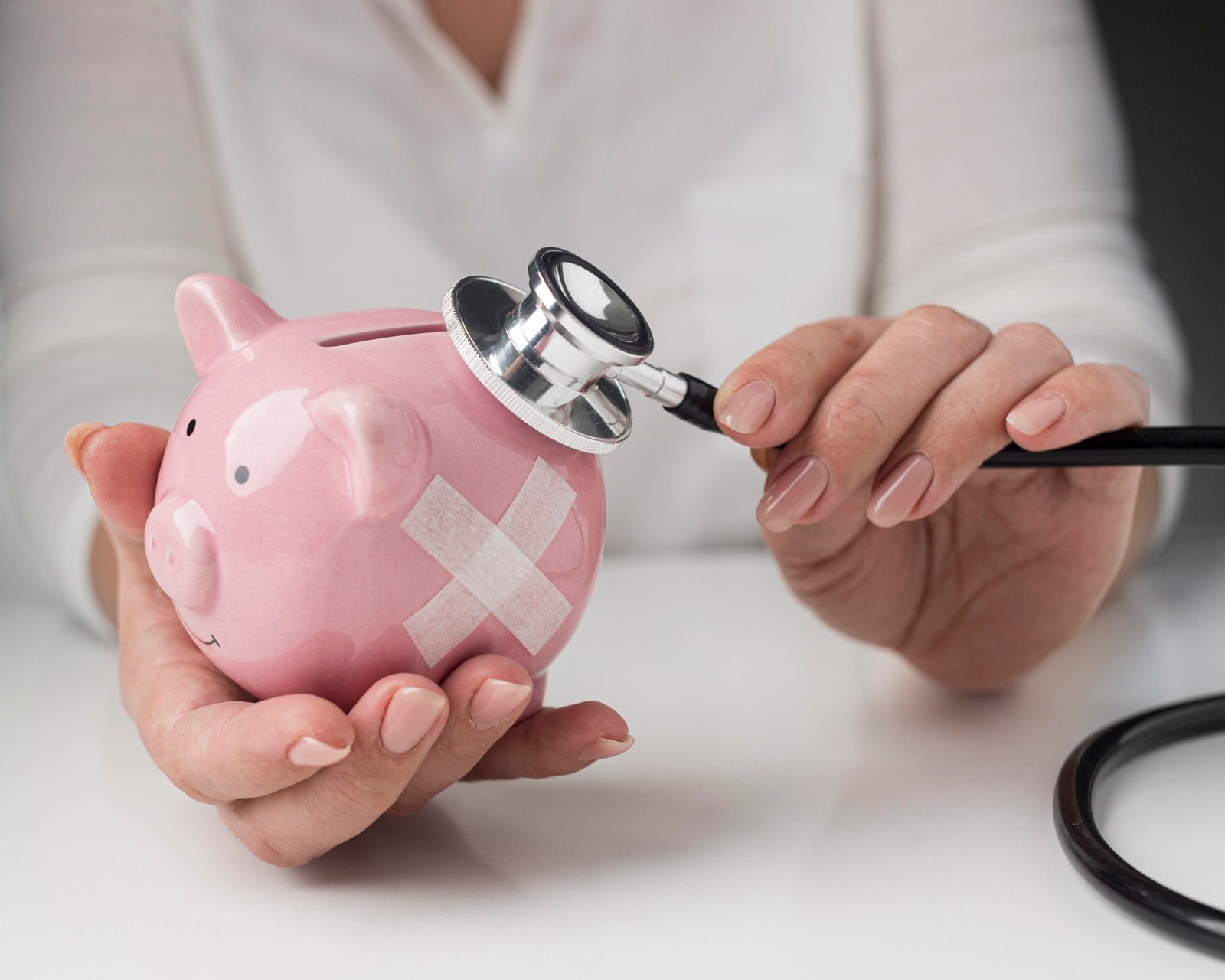 person putting stethoscope piggy bank scaled